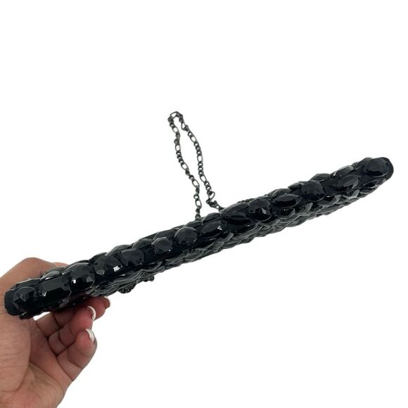 White House Black Market Black Faceted Beaded Evening Clutch Hard Case - Picture 7 of 11